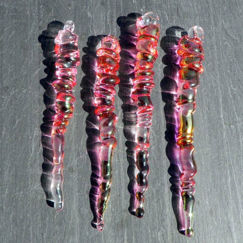 Pink Glass Icicles, Christmas Holiday Ornaments Handblown Gold image 1