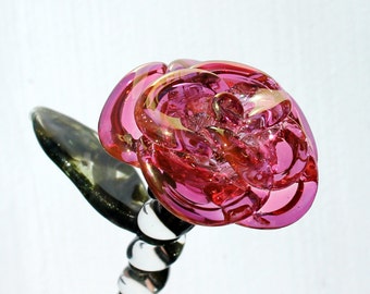 Glass Rose Pink, Hand Blown Long Stemmed Flower, Borosilicate glass Gold Pink Extra Large, Handmade Gift for Her