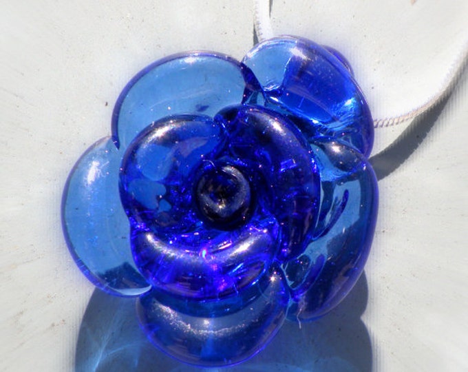 Blue Glass Rose Necklace Blown Glass Flower Jewelry Silver Etsy