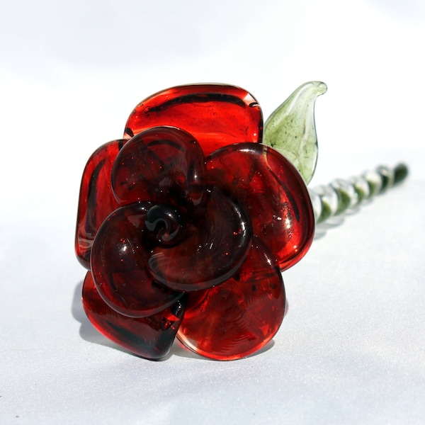 Rote Glasrose lang gestielt, Glasblume Für immer ungezähmt Rose Viktorianisch Handgeblasen Rot Extra Groß SRA