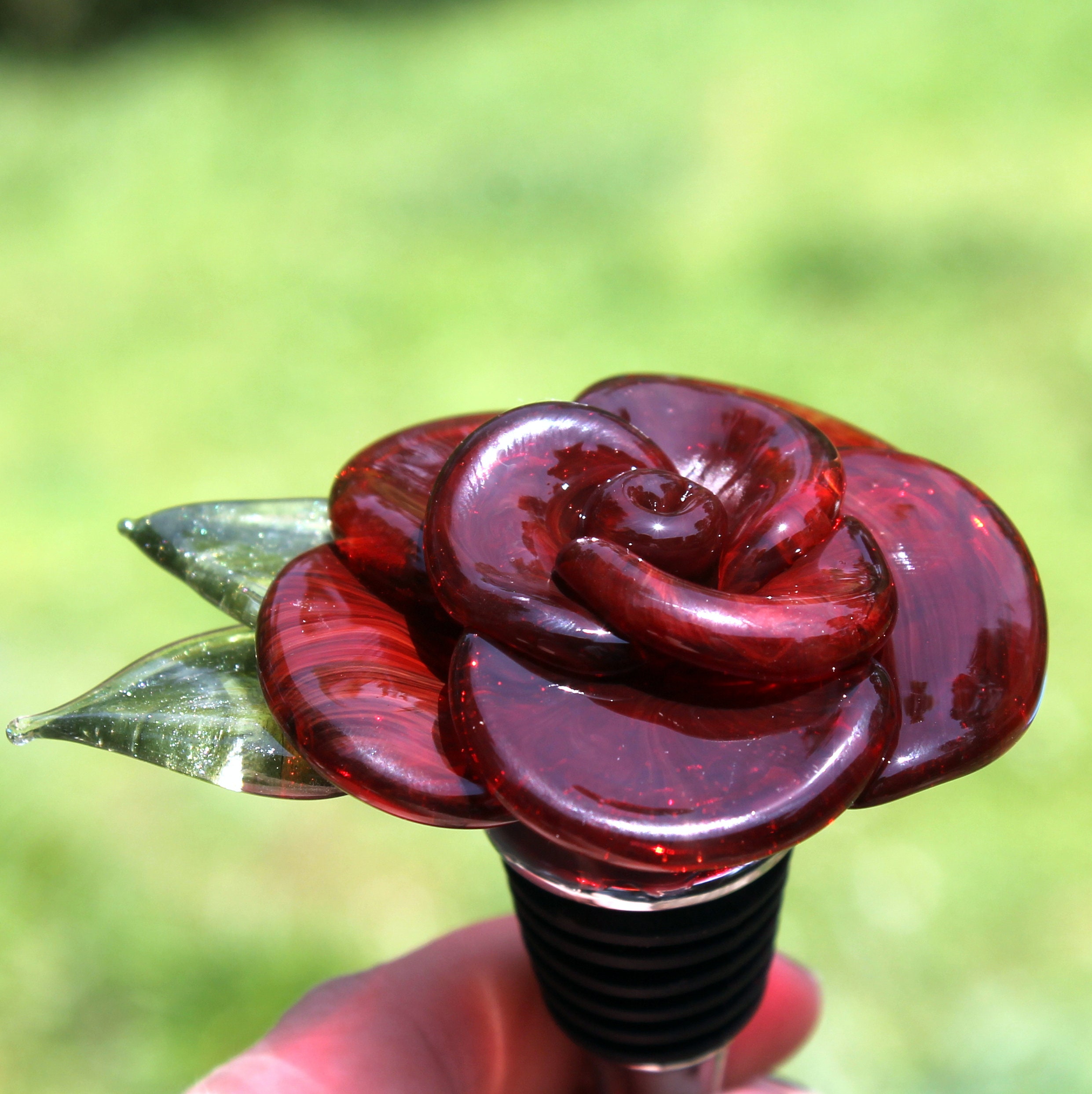 Wine Bottle Stopper Glass Rose Red Hand Blown Rose Lampwork Etsy