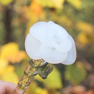 White Glass Rose, Long Stemmed Rose, Borosilicate Lampwork Flower Hand blown, Handmade Gifts For Her, Large Rose Boro Sculpture Art