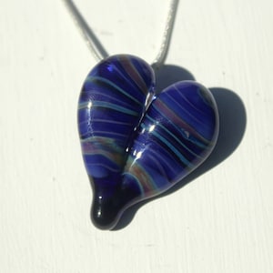 Blue Heart Necklace Glass, Blown Boro Pendant, Lampwork Focal Bead Twists of Blue Heart