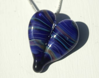 Blue Heart Necklace Glass, Blown Boro Pendant, Lampwork Focal Bead Twists of Blue Heart