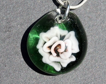 Glass Flower Pendant, Implosion Lampwork Pendant, Hand Blown Rose Boro Jewelry,