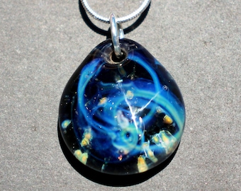 Night Sky Pendant, Starry Night Necklace, Lampwork Blown Boro Glass Art Sky SRA, Blown Glass Universe Space Jewelry