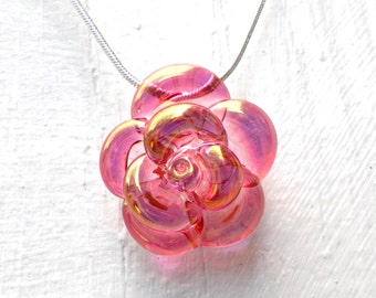 Pink Rose Necklace Glass, Hand Blown Lampwork Flower Pendant, Pink and Gold Glass Rose