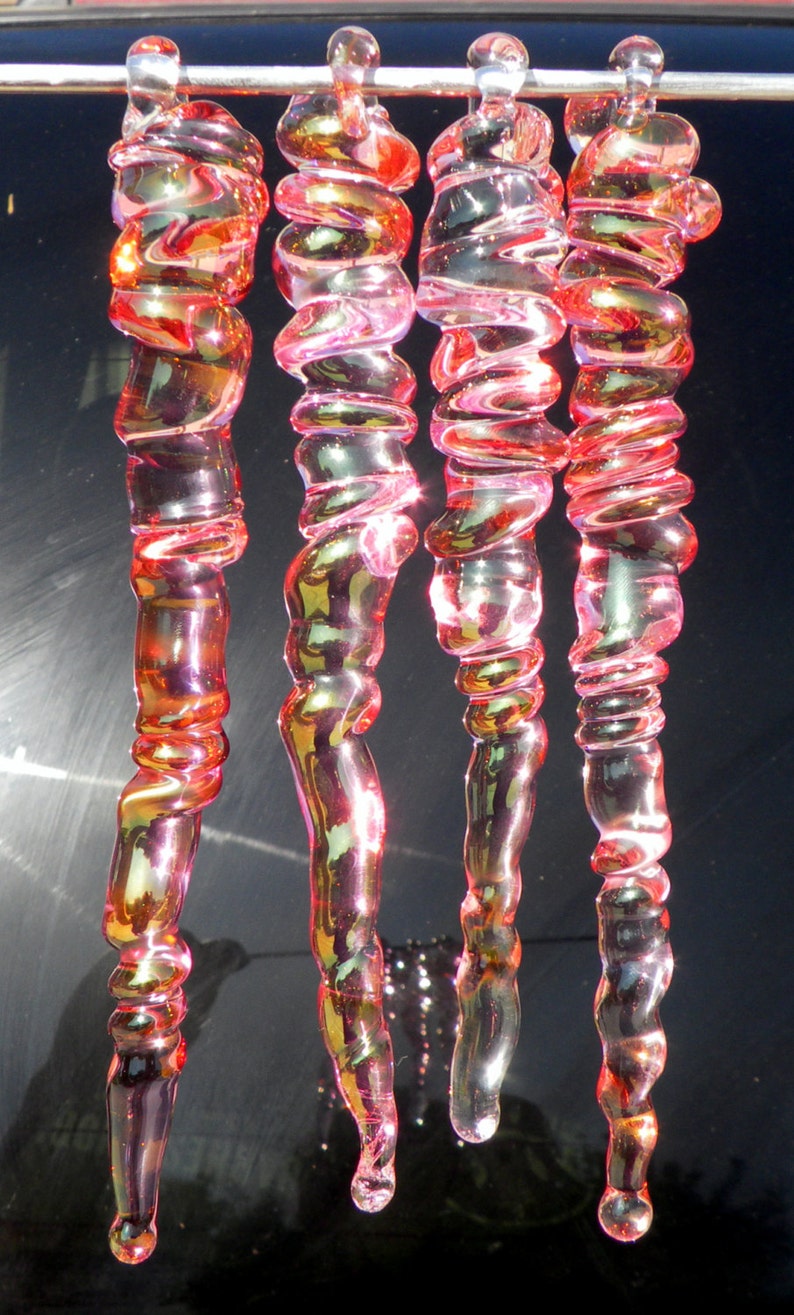 Pink Glass Icicles, Christmas Holiday Ornaments Handblown Gold image 5