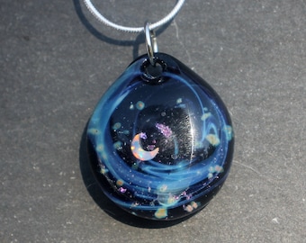 Opal Moon Lampwork Starry Night Starry Night Necklace, Lampwork Blown Boro Glass Art Sky SRA, Blown Glass Universe Space Jewelry