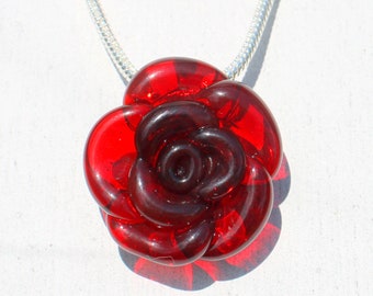 Red Rose Necklace Glass, Hand Blown Lampwork Flower Pendant, Classic Twist on a Valentine Love Gift