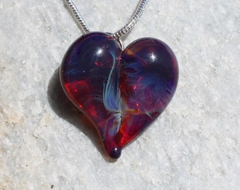 Heart Necklace Glass Jewelry, Flamework Pendant Lampwork Boro, Hand blown Purple Heart Pendant