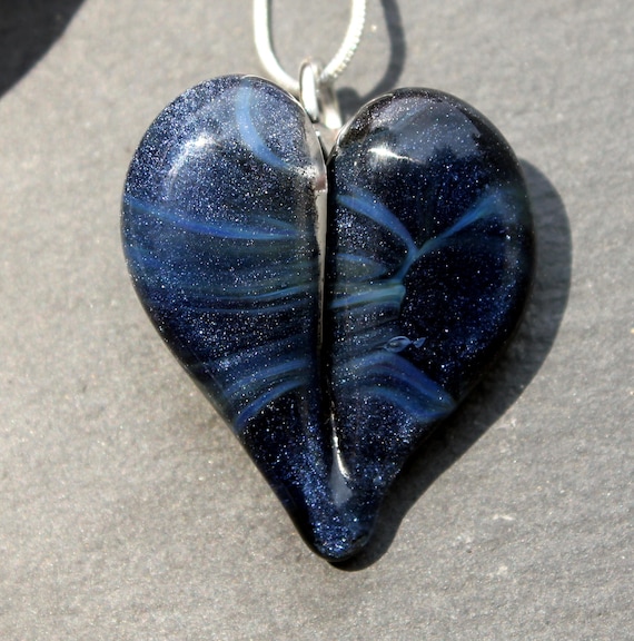 Blue Glass Heart, Flamework Necklace, Lampwork Focal Bead Hand Blown Boro sparkling Denim Blue