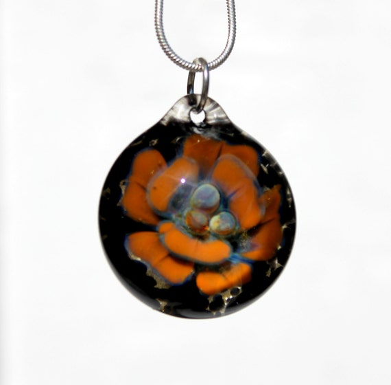 Glass Flower Pendant, Implosion Lampwork Pendant, Hand Blown Rose Boro Jewelry,
