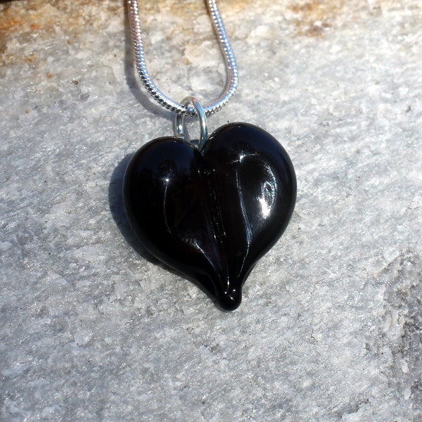 Black Heart Glass Pendant, Hand Blown Lampwork Necklace, Blown Boro Off Mandrel Solid Black