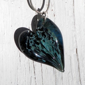 Glass Heart Pendant, Lampwork Glass Jewelry, Hand Blown Boro Heart Blue and Black
