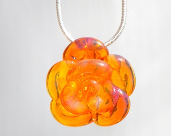 Rose Necklace Glass, Hand Blown Lampwork Flower Pendant, Yellow Orange Glass Rose