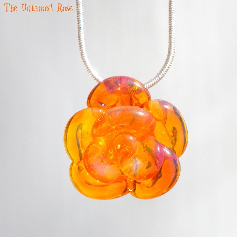 Rose Necklace Glass, Hand Blown Lampwork Flower Pendant, Yellow Orange Glass Rose image 1