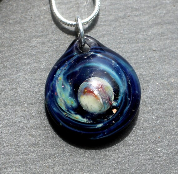 Night Sky Pendant with a Planet Starry Night Necklace, Lampwork Blown Boro Glass Art Sky SRA, Blown Glass Universe Space Jewelry