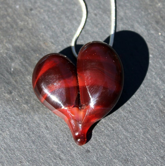 Glass Heart Necklace, Blown Boro Pendant, Lampwork Focal BeadTwists of Red Heart