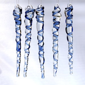 Icicle Ornaments Blue Glass Christmas Holiday Decor, Hand Blown Glass Borosilicate, Natural USA Made