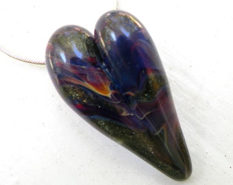 Lampwork Focal Heart Bead, Glass Heart Pendant Necklace, Boro Glass Jewelry, Hand Blown Boro Sparkling Green and Purple Mix