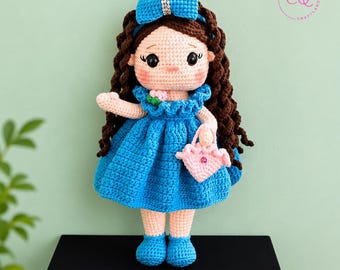 Handmade Crochet Girl Doll, Blue Dress Amigurumi Plush, Kawaii Yarn Decor