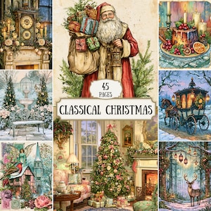 May include: A 45-page Classical Christmas digital paper pack featuring various holiday illustrations including Santa Claus with gifts, a decorated Christmas tree, a horse-drawn carriage, a festive dessert, and winter scenes with a deer and clock.