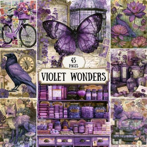 May include: A collage of purple-themed imagery featuring a bicycle with flowers, a large butterfly, a raven, a fox, a cat, and a shelf filled with jars and containers. The central text reads 45 PAGES VIOLET WONDERS in a decorative font.