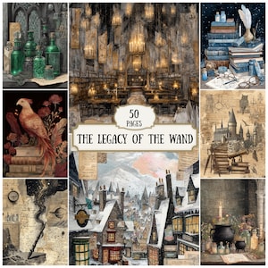 Op de afbeelding: Een collectie van 50 pagina's getiteld The Legacy of the Wand met illustraties van groene glazen toverdrankflesjes, een grote zaal bij kaarslicht, stapels blauwe boeken, een feniks op boeken, een besneeuwd dorp, een toverstaf en een zwarte ketel met bloemen.