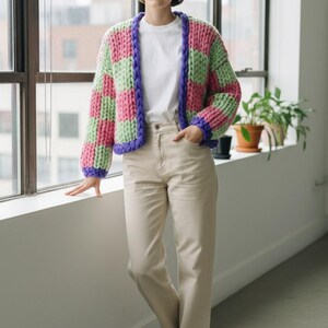 Handmade wool oversized sweater,open front sweater,cozy dayout outfit,colour block cardigan