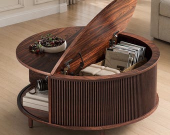 Round Fluted Wood Coffee Table, Mid Century Modern Storage Table