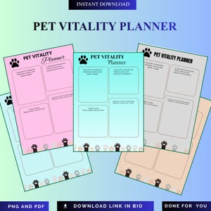 May include: A digital Pet Vitality Planner template featuring four distinct sections for tracking nutrition, exercise, mental well-being, and sleep. The pages are colored in pink, teal, gray, and peach, each decorated with black paw print icons.
