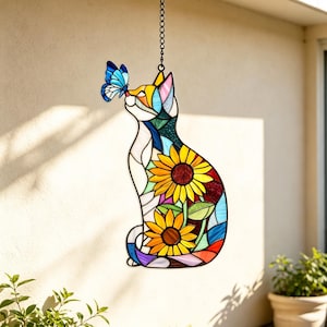 Acchiappasole in acrilico con gatto, girasole e farfalla, stile vetrata, decorazione boho per interni, regalo luminoso per gli amanti dei gatti.