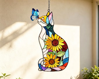 Cat Sunflower Butterfly Acrylic Suncatcher, Stained Glass Style Window Hanging, Boho Indoor Window Decor, Light Catching Gift for Cat Lovers
