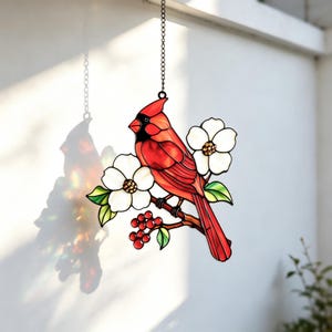 Cardinal Bird Acrylic Suncatcher, Stained Glass Style Sun Catcher Window Hanging, Dogwood Flower Wall Ornament, Gift for Bird Watchers