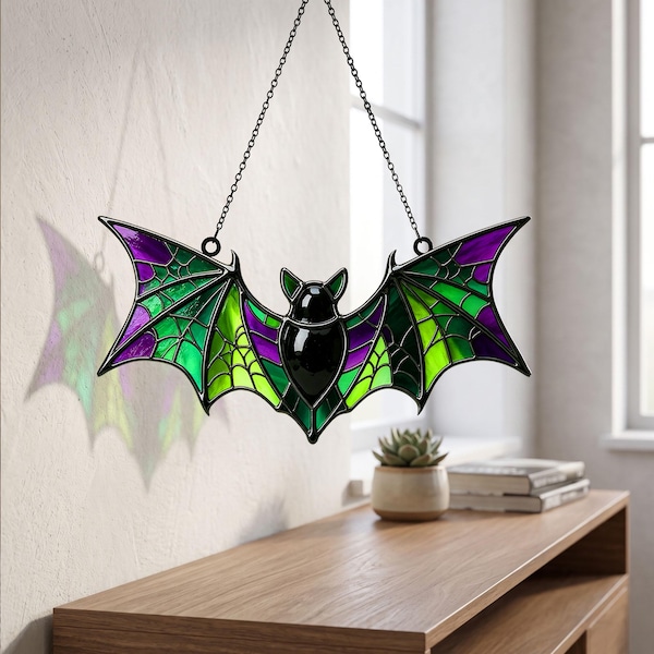 Green Bat Faux Stained Glass Acrylic Suncatcher, Spooky Halloween Window Decor, Bat Lover Gift