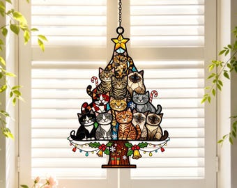 Cat Christmas Tree Acrylic Suncatcher, Christmas Tree Made of Cats Acrylic Suncatcher, Christmas Home Decor Cat Art, Gift for Cat Lovers