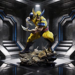 May include: A detailed collectible statue of the character Wolverine in a dynamic combat pose. The figure wears a yellow and blue suit with a signature mask, featuring extended metallic claws on both hands, standing atop a textured rocky base.