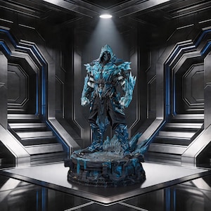 May include: A detailed statue of a character in a hooded outfit, with a blue and black color scheme. The figure has ice-like armor and is standing on a pedestal. The background is a futuristic, metallic environment with blue accents.