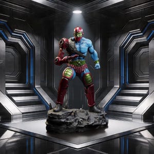 May include: A muscular blue-skinned action figure with a green face, wearing a red helmet, red and green leg armor, and a brown fur loincloth. The figure features a mechanical red right arm and stands on a dark, jagged, rocky base.