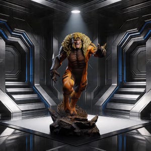 May include: A detailed statue of the Marvel Comics character Sabretooth. The figure is in a dynamic pose, with a fierce expression and claws extended. The statue features a yellow and orange colour scheme, with a detailed base.