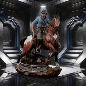 May include: A detailed statue of a cowboy on horseback, set against a futuristic backdrop. The cowboy wears a blue shirt, hat, and holds a gun. The horse is brown and white, with detailed tack. The base features a "Wanted" sign and miniature railroad tracks.