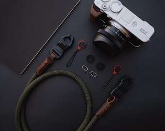Correa para cámara de cuerda y cuero en color verde - Correa para cámara, Correa de cuerda vintage para cámara, Correa de cuero para cámara, Correa de cuerda para cámara