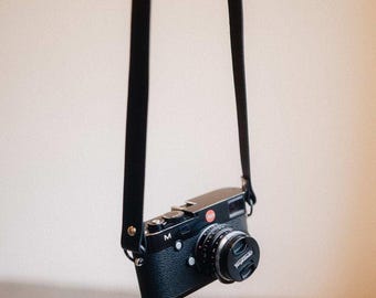 Genuine leather camera strap - Black leather strap for DSLR and analog cameras, vintage camera strap