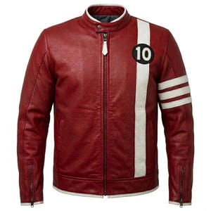 Men’s Red Leather Jacket | Ben 10-Inspired Biker Jacket with White Racing Stripe & 10 Patch