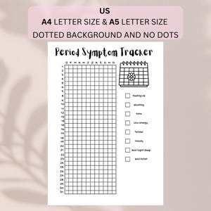 Könnte beinhalten: Ein weißes, ausdruckbares Perioden-Symptom-Tracker-Blatt mit einem großen Raster für die Monate J bis D und die Tage 1 bis 31. Die Seite enthält ein Kalendersymbol mit einer Blume sowie eine Checkliste mit den Beschriftungen feeling ok, bloating, ache, low energy, tender, moody, bad night sleep und bad toilet.