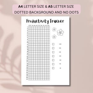 May include: A white productivity tracker sheet with black ink featuring the text Productivity Tracker, a grid for days 1-31 and months J-D, a column of checkboxes with percentage labels, and three floral line art illustrations at the top right.