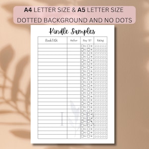 May include: A white printable page titled Kindle Samples with columns for Book Title, Author, Buy It with yes or no checkboxes, and a star rating section. The document includes A4 and A5 letter size options with dotted or plain background choices.