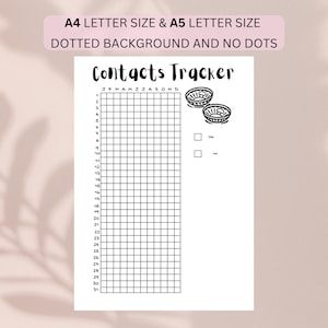 May include: A white printable contacts tracker sheet with the text A4 LETTER SIZE & A5 LETTER SIZE DOTTED BACKGROUND AND NO DOTS at the top. The page features a grid with numbers 1 through 31, months J through D, two small bowl illustrations, and checkboxes labeled Yes and No.