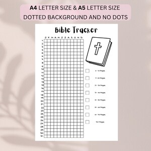 Op de afbeelding: Een wit printbaar Bijbel-trackerblad met een raster met de cijfers 1-31 aan de linkerkant en de maanden J-D bovenaan. Het bevat een lijntekening van een Bijbel met een kruis, selectievakjes en paginabereiklabels van 0-10 tot 90+ pagina's.